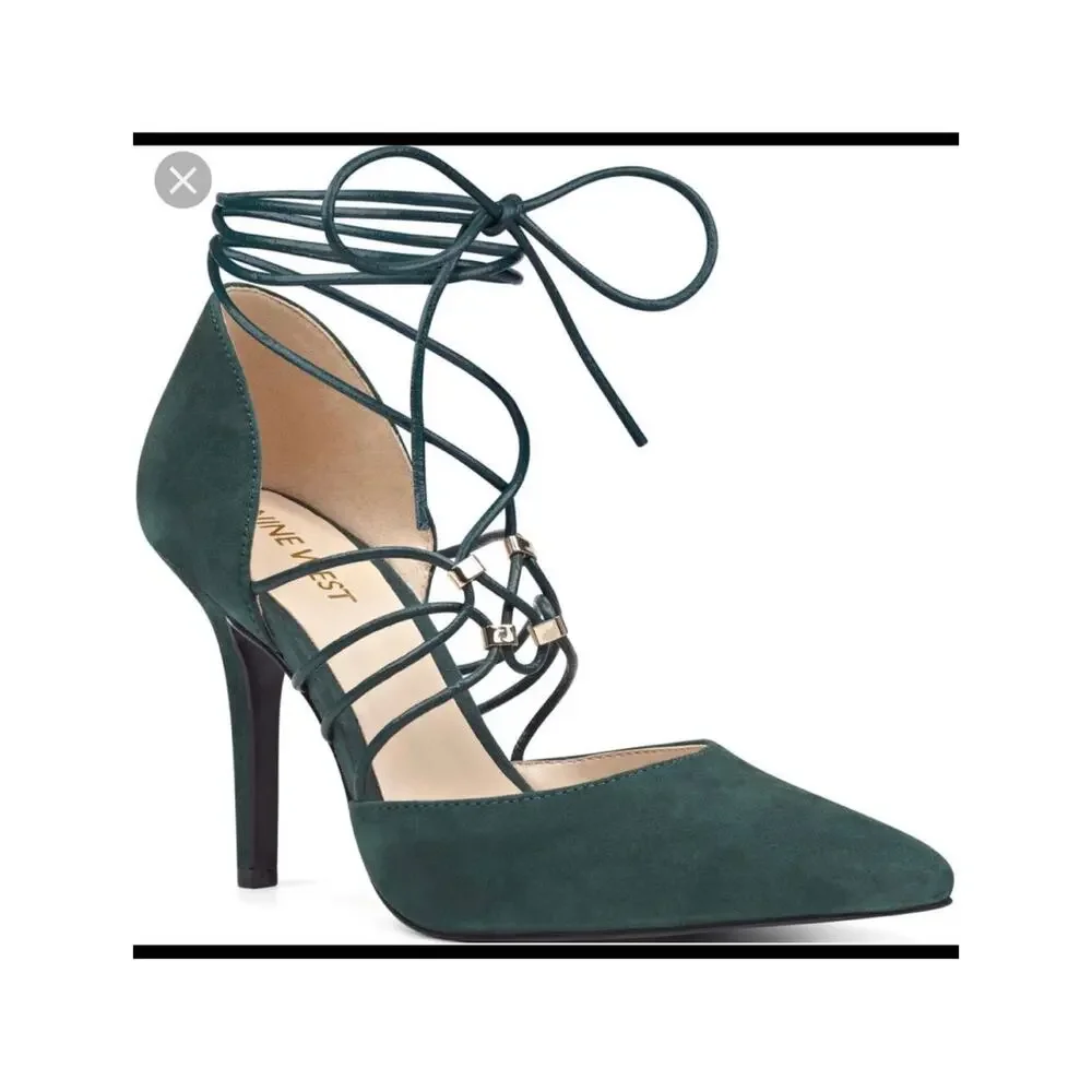 Nine West Jarraho D'Orsay Stiletto Pump Sz 10 Green Suede Adjustable Ankle-Wrap